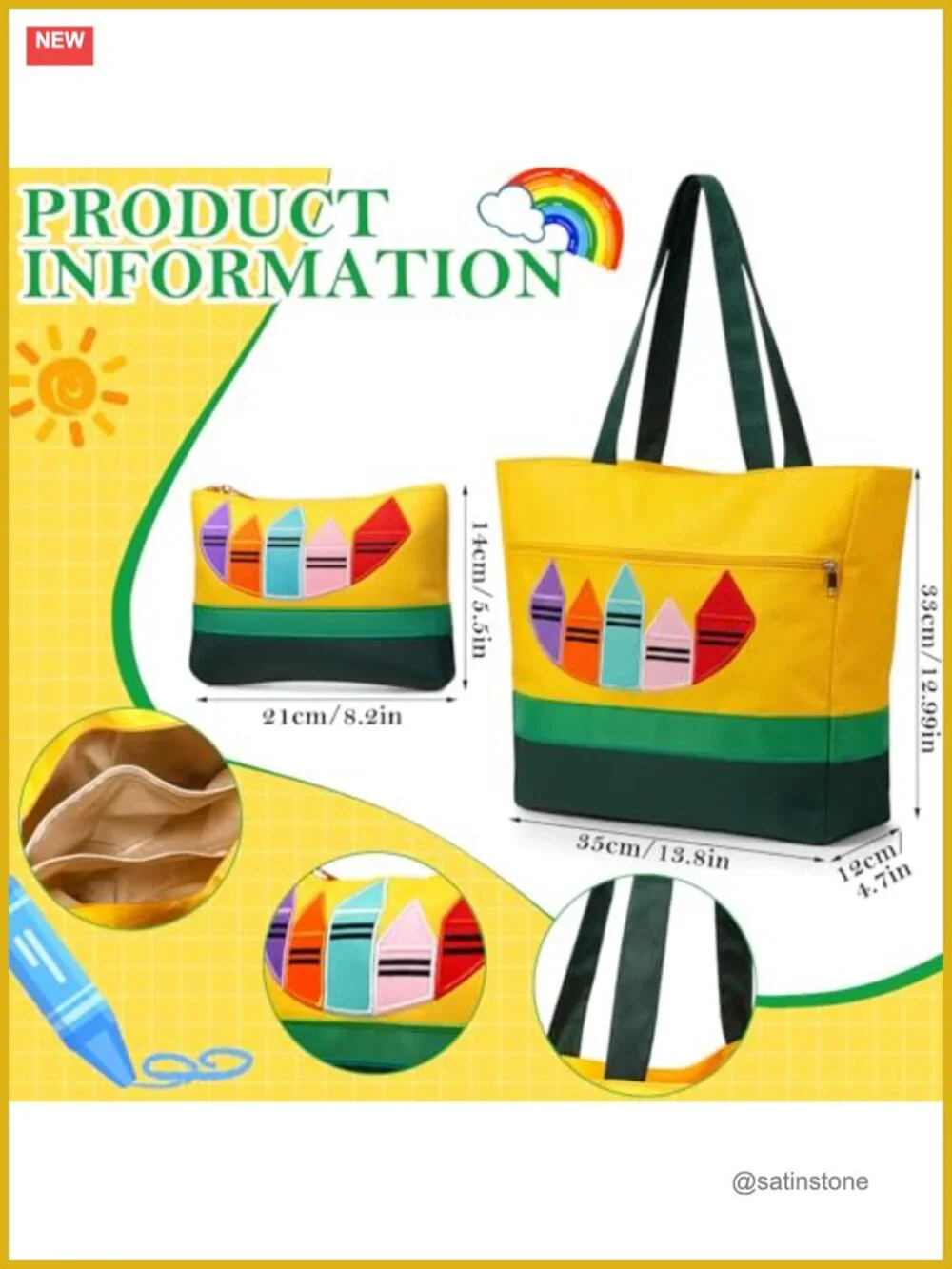 2 Pcs Teacher Tote Bag Set - Nylon Crayon Style with Makeup Bag Internal